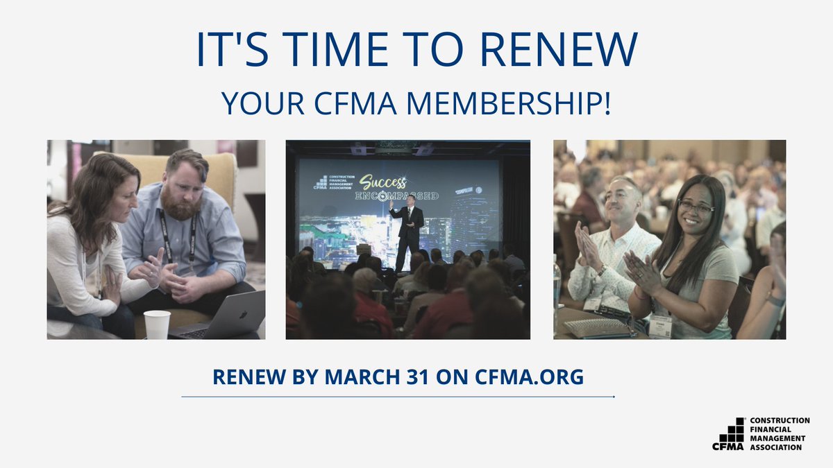 CFMA's tweet image. It's that time of year again! Don't forget to renew your CFMA membership to continue receiving exclusive benefits like free webinars, discounted courses, the Connection Café, Building Profits Magazine, and more. 

Renew today at ➤ cfma.org/members/member…