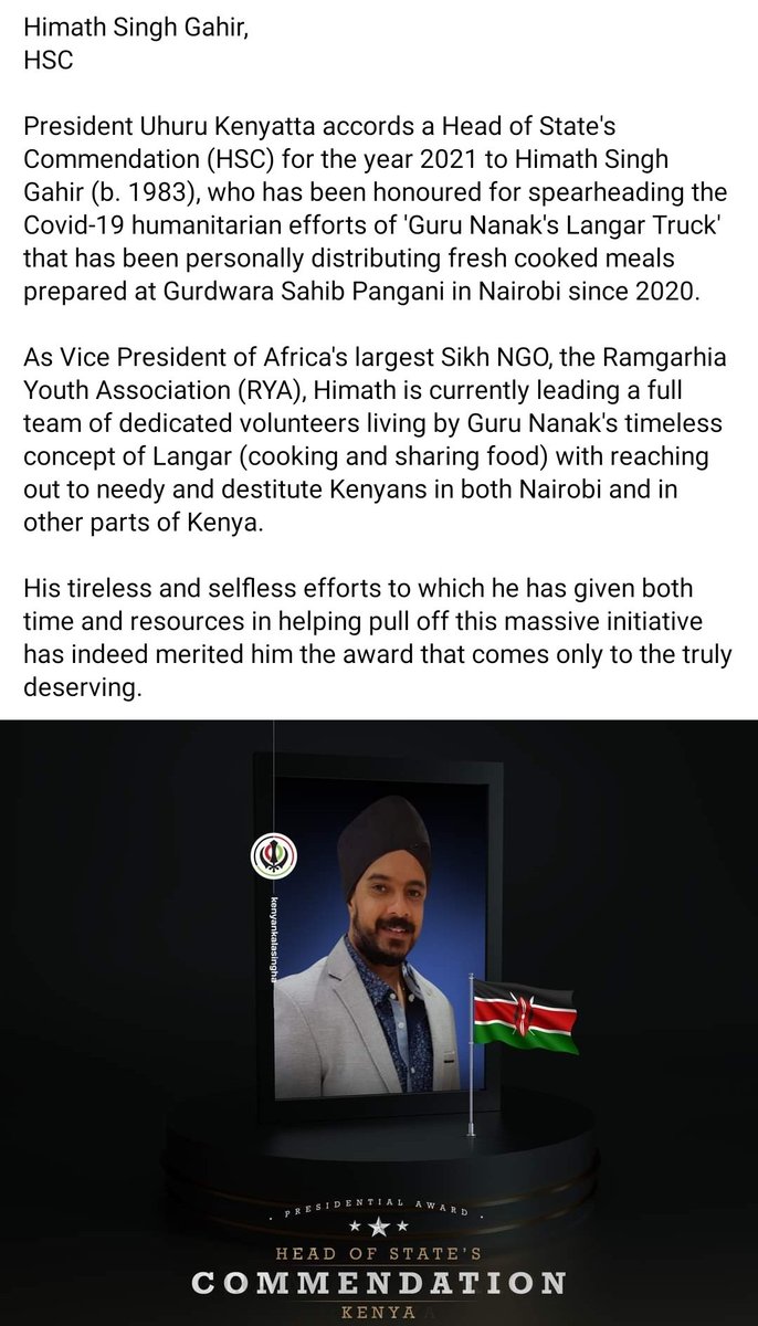 RamgarhiaYouth's tweet photo. Proud moment for Kenyan Sikhs as Mr Himath Singh Gahir is awarded Head of State Commendation towards Covid 19 food and relief distribution.
#sevawithoutboundaries
#kalasingha
#sikhsinkenya https://t.co/ZLuwJwTEmZ