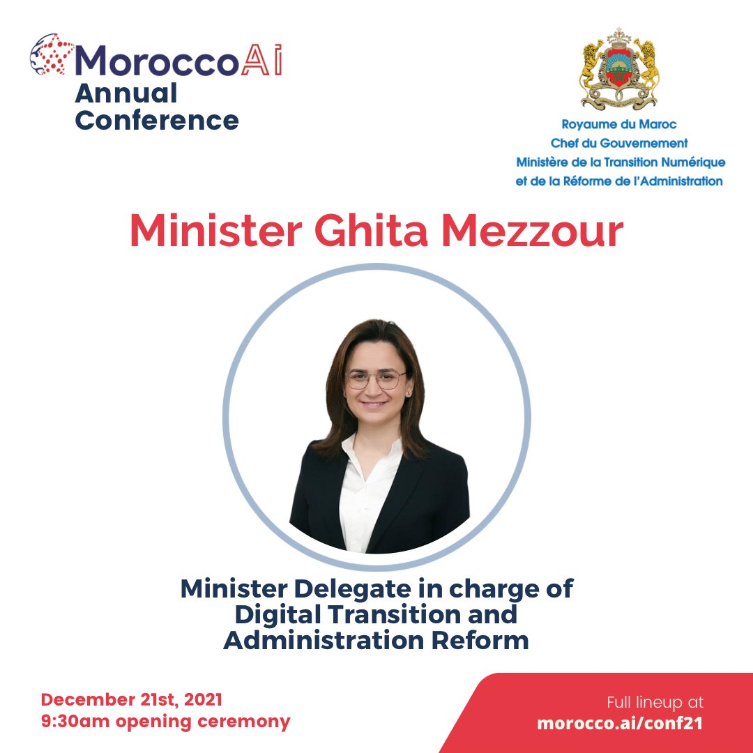 MoroccoAI's tweet photo. MoroccoAI is very honored to share the OPENING KEYNOTE of our 2021 MoroccoAI Annual Conference, 𝐌𝐢𝐧𝐢𝐬𝐭𝐞𝐫 𝐆𝐡𝐢𝐭𝐚 𝐌𝐞𝐳𝐳𝐨𝐮𝐫.
MoroccoAI Conference 𝐬𝐭𝐚𝐫𝐭𝐬 𝐭𝐨𝐦𝐨𝐫𝐫𝐨𝐰, December 21st at 𝟗:𝟑𝟎𝐚.𝐦.
🔗 https://t.co/6K8zZxIG38 https://t.co/R6uEqNSuhp
