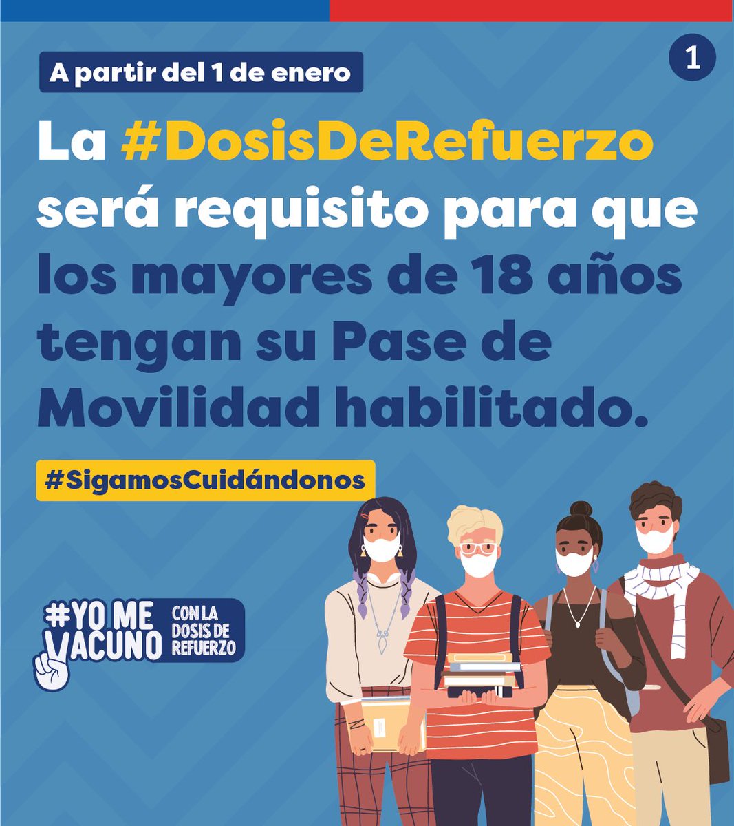 ChileAtiende's tweet photo. ¡Comparte!📲

Desde el 1 de enero quedará inhabilitado el #PaseDeMovilidad de los mayores de 18 años que no cuenten con su #DosisDeRefuerzo💪💉

⚠Medida aplica para quienes dejaron pasar 6 meses desde la inoculación de su segunda o dosis única.

+ Info 👉https://t.co/QnEMSXyvhD https://t.co/7WRE2am6sT