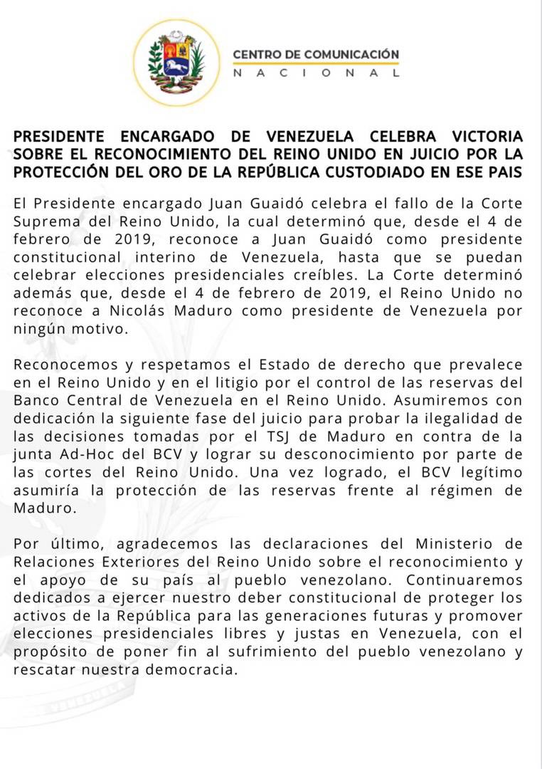 Con esta decisión de la corte suprema del Reino Unido le informo a los venezolanos que el oro de las reservas internacionales  continuará protegido en el Banco de Inglaterra

La dictadura no podrá saquearlo como hizo con los fondos públicos que generó esta emergencia humanitaria.