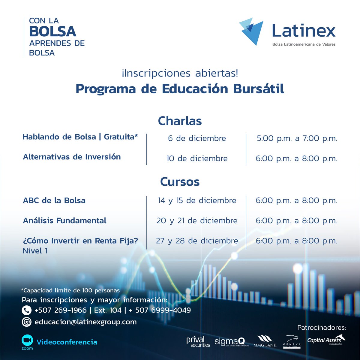 La economía mundial está cambiando, te invitamos a que inviertas en ti y te capacites de manera virtual sobre el Mercado Bursátil. Te compartimos el calendario de diciembre.

Inscripciones 👉🏽 forms.zohopublic.com/bolsadevalores…

📧Email: educacion@latinexgroup.com
📲WhatsApp: +507 6999-4049