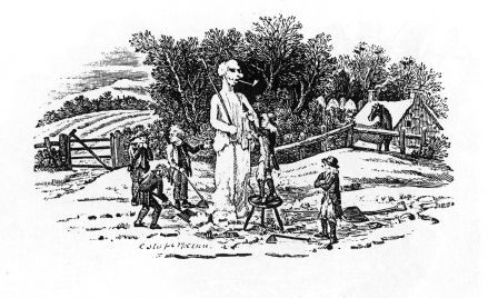 #ArchiveAdventCalendar #chimney 
In Thomas Bewick's woodengraving of boys and a rather large snowman the boy on the stool is Thomas himself. 

His brother John, on the right, looks very cold but the chimney at Cherryburn has an inviting roaring fire for them all to thaw out.