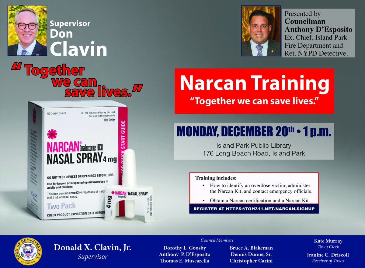 Final #Opioid Forum & #Narcan Certification of 2021 - TODAY at 1PM @IslandParkNY Library. Join @TOHClavin & I as we come close to the 10,000th #OpioidOverdose kit distributed through this @HempsteadTown program. 10,000 opportunities to help save a life.
