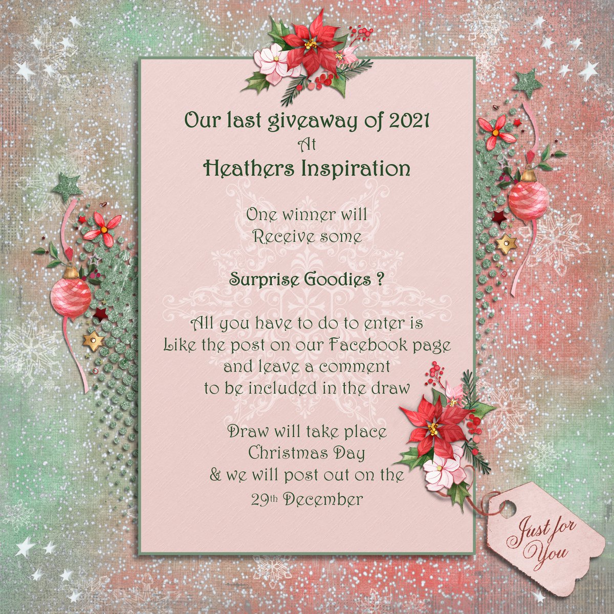 Hea_Inspiration's tweet photo. Would you like to try & win a surprise bundle of goodies? It is the last free to enter giveaway of 2021 over on our FB page. Link below to take you there:
https://t.co/WoG8RsCWSh
#Giveaway #win #kindnessmatters #festivefun #HeathersInspiration #smallbiz #uksmallbiz https://t.co/pbbKBdnNal