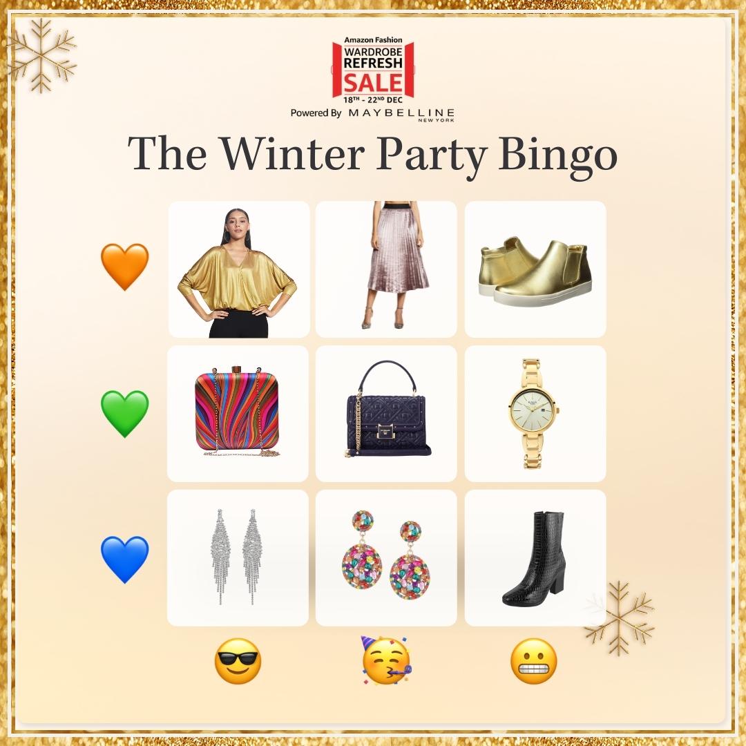 AmazonFashionIn's tweet photo. It’s time for Bingo 📝✨
Which row will you pick first? 
Let us know in the comments!
Curate your revamped party wardrobe with all the top brands and trends, only at the #WardrobeRefreshSale: https://t.co/PrJWM65qil

#PartyBingo #AmazonFashion #HarPalFashionable https://t.co/67TcjrLgGI