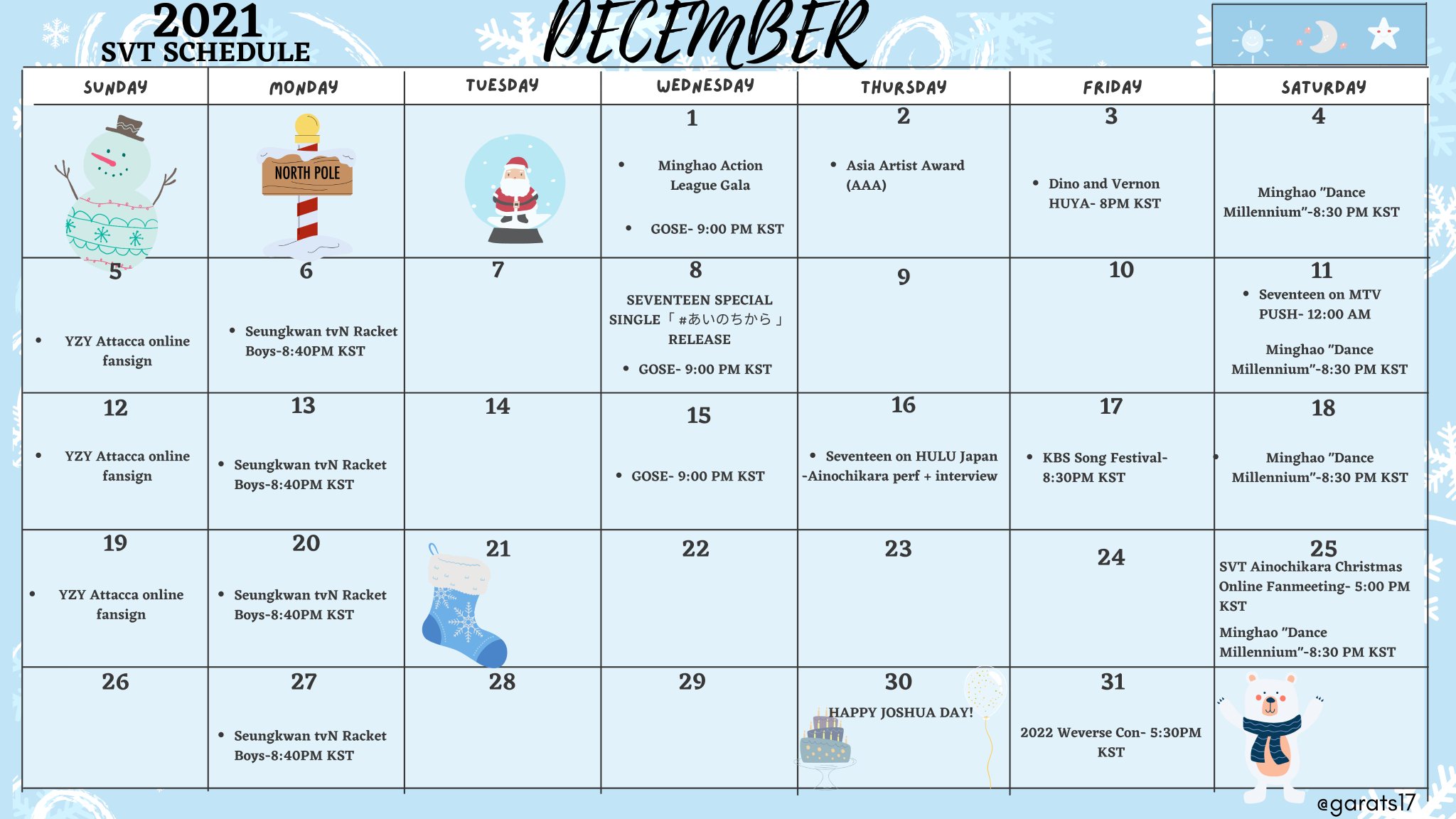 sebongie samuel (busy) on Twitter: "SVT Schedule in KST DECEMBER (25)  Ainochikara Christmas Online Fanmeeting- 5:00 PM Minghao Dance  Millennium-8:30 PM (27) SK Racket Boys-8:40PM (30) HAPPY JOSHUA DAY! (31)  2022 Weverse