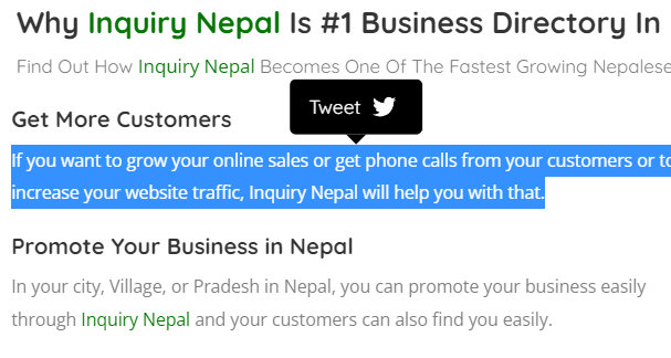 inquirynepal's tweet photo. We have implemented "Tweet" Button on our site in order to help you tweet contents in our site directly into your twitter account in just few simple clicks which saves over 2-3 minutes. Just Select the text you want to tweet and click in tweet button. #MoreEasier #InquiryNepal❤️ https://t.co/dOuWW6HmTR