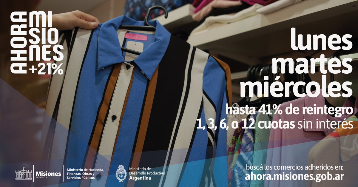 ¡HOY COMIENZA EL AHORA MISIONES +21%! 🛍️ Vas a poder disfrutar de hasta 41% de reintegro y hasta 12 cuotas sin interés de lunes a miércoles. ¡Excelente iniciativa para cuidar el bolsillo de los misioneros y misioneras! <a href="/gobmisiones/">Gobierno de Misiones</a> <a href="/misionhacienda/">Ministerio de Hacienda de Misiones</a>