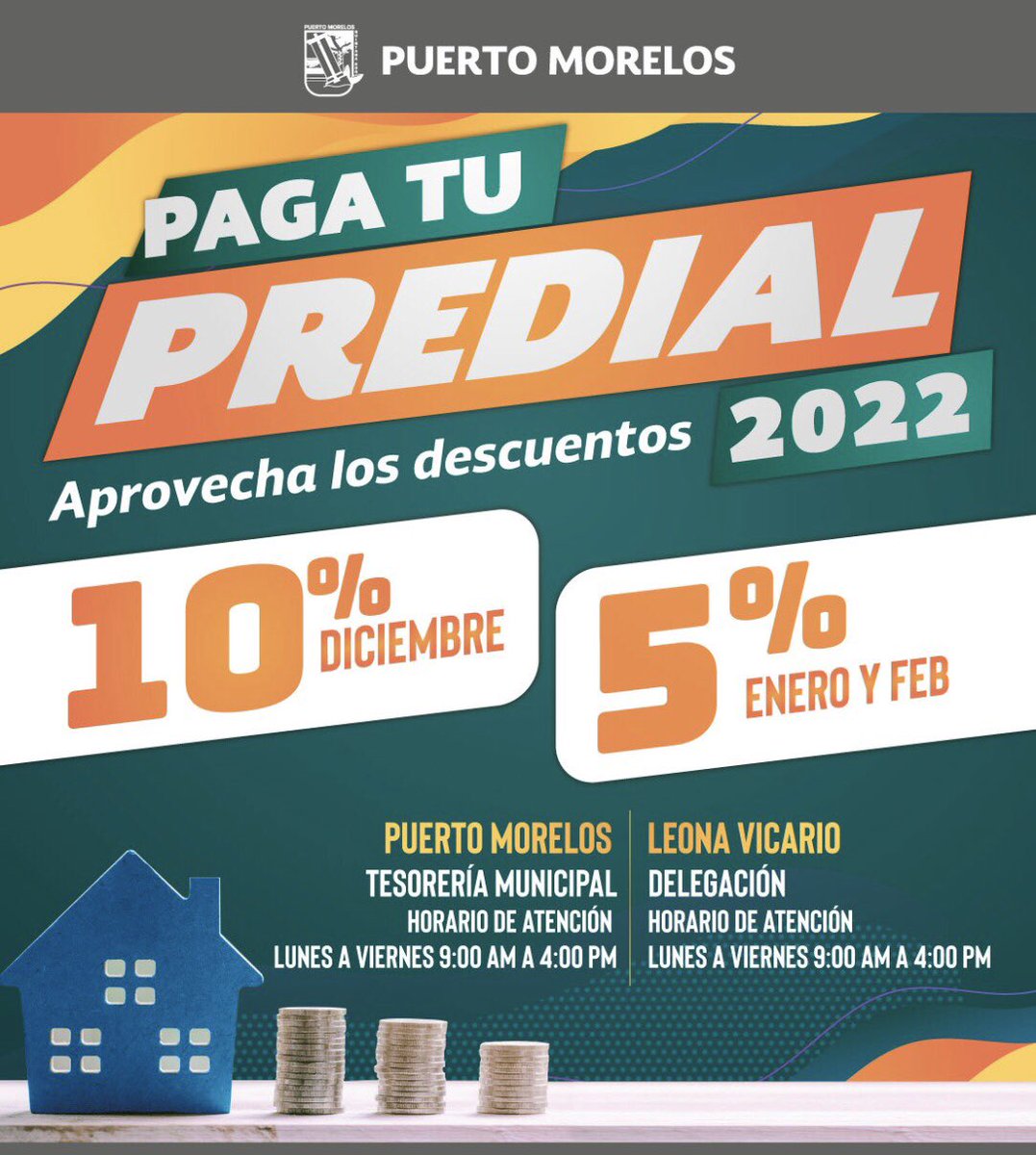 Amigos portomorelenses continuamos con el descuento en el pago del predial 2022.