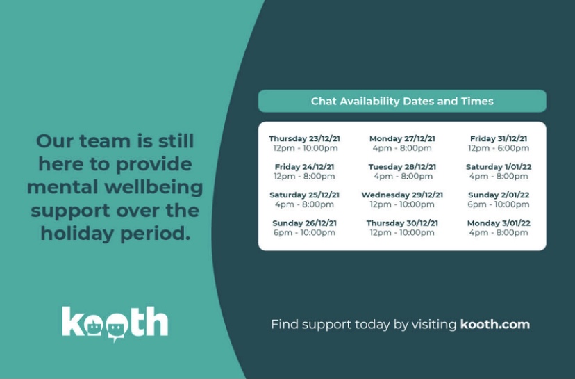 N7Pulse's tweet photo. KOOTH are still operating through Christmas🎄 and New Year🥳(hours below). Their service is free, safe and anonymous for young people providing online support &amp; advise on anything you'd like to talk about.
Check out https://t.co/xdxeIyB3yv 

#KOOTH  #mentalhealth #youngpeople https://t.co/m5XtrNwY8N