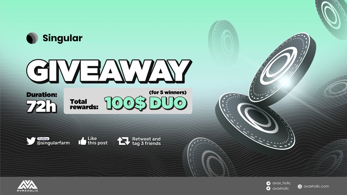 avaxholic's tweet photo. https://t.co/hHUeloRTxd GIVEAWAY 

DUO is introduced as @singularfarm's huge leap on the farming system. Join their giveaway to receive 100 $DUO (for 5 winners).

⏳Duration: 72h
📃Term:
- Follow @singularfarm
- Like, RT &amp; tag 3 friends

Website: https://t.co/RpyjdV4DFN https://t.co/IczobWkX1M