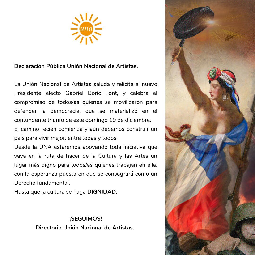 artistasuna's tweet photo. La Unión Nacional de Artistas celebra y felicita a @gabrielboric, con la esperanza puesta en que significa un eslabón ganado hacia la reivindicación de las Culturas y las Artes. 
Hasta que la Cultura se haga DIGNIDAD… SEGUIMOS!!! ✊ https://t.co/1aYFx3jXLx