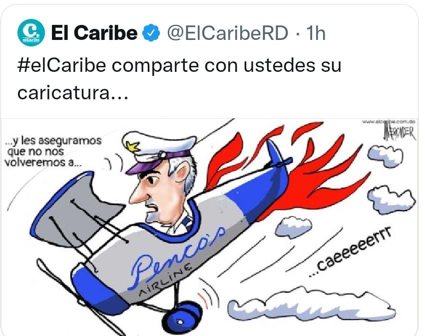 Esta caricatura de el periódico <a href="/ElCaribeRD/">El Caribe</a> es una bajeza y una burla al dolor que sienten los familiares de las personas fallecidas en el accidente aéreo ocurrido la semana pasada, en una aeronave de <a href="/Helidosa/">Helidosa Aviation Group</a>, creo necesaria una excusa pública. 
Que Dios los perdone!!!
