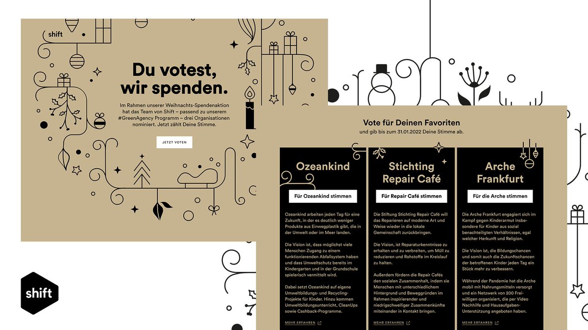 Unsere Kund:innen voten, wir spenden: In diesem Jahr entscheiden unsere Kund:innen über unsere #Weihnachtsspende! Unser Team hat drei gemeinnützige Organisationen im Sinne unserer #GreenAgency ausgewählt – und jetzt zählt ihre Stimme. Wer am Ende des Rennen macht? Stay tuned! 🎄