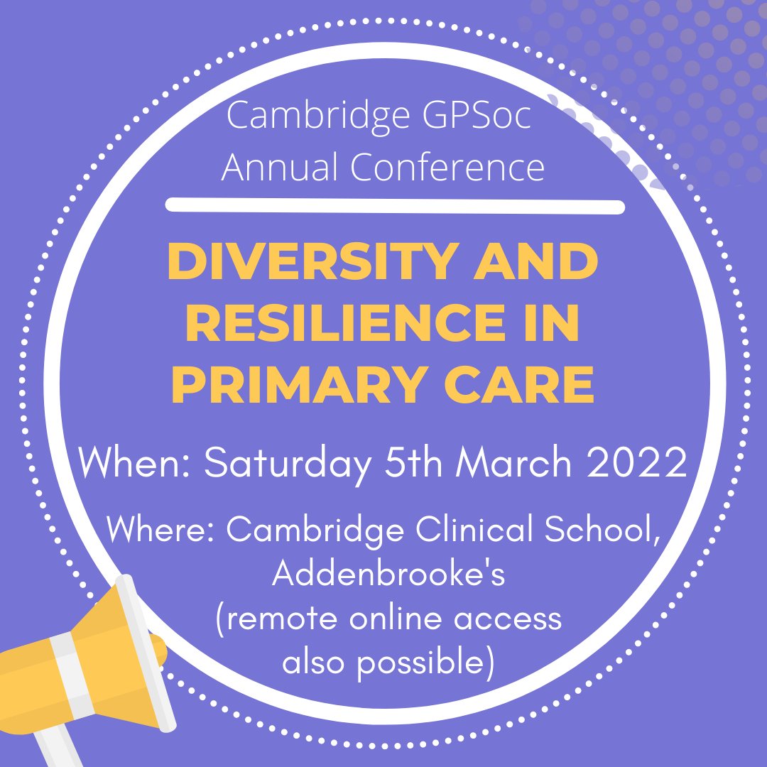 *Save the date for our conference*
More information to follow; we will have a variety of engaging speakers, interactive workshops, and a student poster presentation session! 
Like our facebook page (facebook.com/CambridgeUniGP…) or follow us on instagram (@cambridgegpsoc) for updates