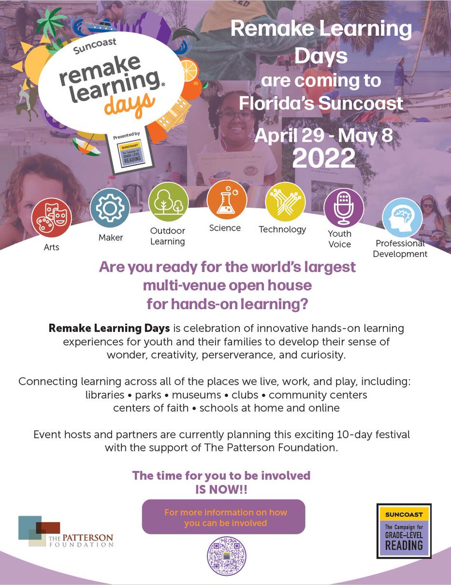 duda_beth's tweet photo. Want to learn more about how you can be involved in Suncoast Remake Learning Days? Register for our informational "webversation" on January 5th at 9am. https://t.co/MrcdLhqprX @ThePattersonFdn #suncoastremakelearning @SuncoastCGLR https://t.co/C2t3ytSJ6S