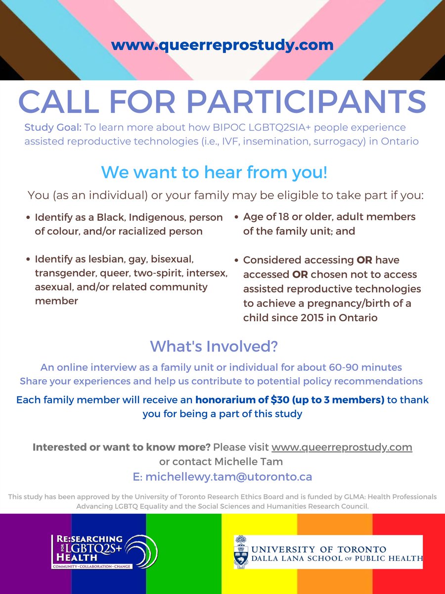LGBTQ_Research's tweet image. Open recruitment for the Queering Reproduction Access Study to learn how #BIPOC #LGBTQ2SIA+ people experience assisted #reproductive technologies (IVF, insemination, surrogacy) in Ontario.
Contact: michellewy.tam@utoronto.ca
Info 👉queerreprostudy.com