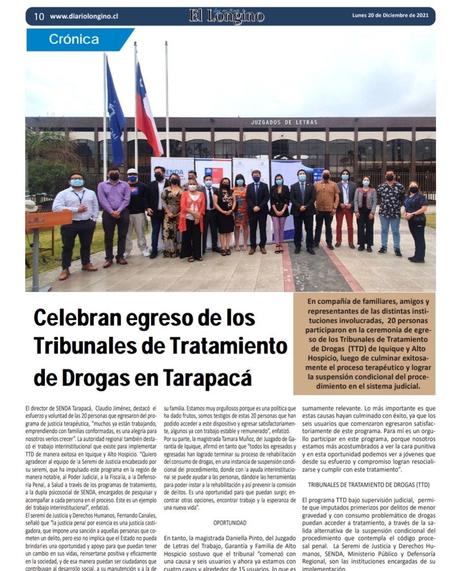 Senda_Tarapaca's tweet photo. 🗞PRENSA| Medios locales destacan egresos de los Tribunales de Tratamiento de Drogas en Tarapacá.
Usuarios del programa de justicia terapéutica culminaron exitosamente su proceso de recuperación. https://t.co/C5D7YgmhMK