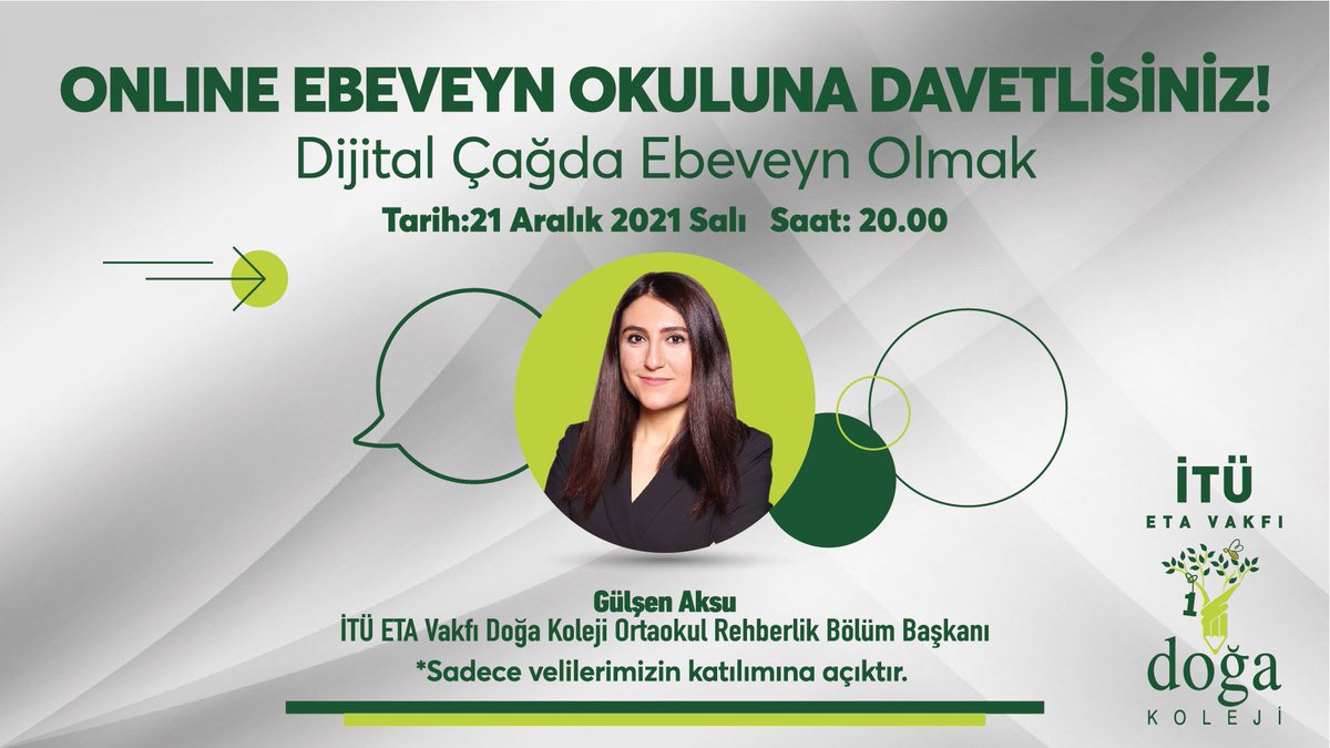 "Dijital Çağda Ebeveyn Olmak" konulu Online Ebeveyn Okuluna tüm velilerimiz davetlidir! Seminerimize 21 Aralık günü saat 20.00'de bit.ly/3md931k linkinden katılabilirsiniz.