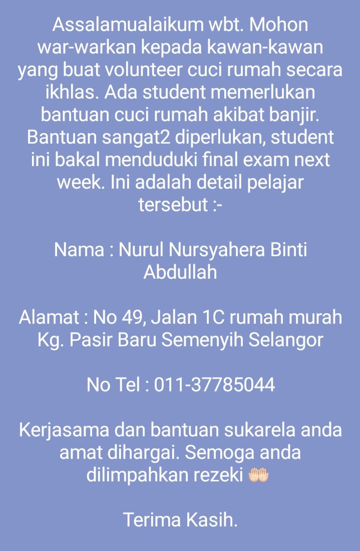 Mr_4F1q's tweet photo. Spread it guys ✨
#DaruratBanjir 
#banjirsemenyih 
#RakyatBantuRakyat https://t.co/y66NRxqV6b
