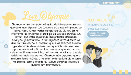 softyeolfest's tweet photo. ⤷ Love Olympic
♡ Chanyeol/Sehun
♡ Enemies to Lovers, Olimpíadas!AU
♡ #plot236 | 7.776 palavras
» https://t.co/HMtKtDNU0q https://t.co/WLTABGElKP