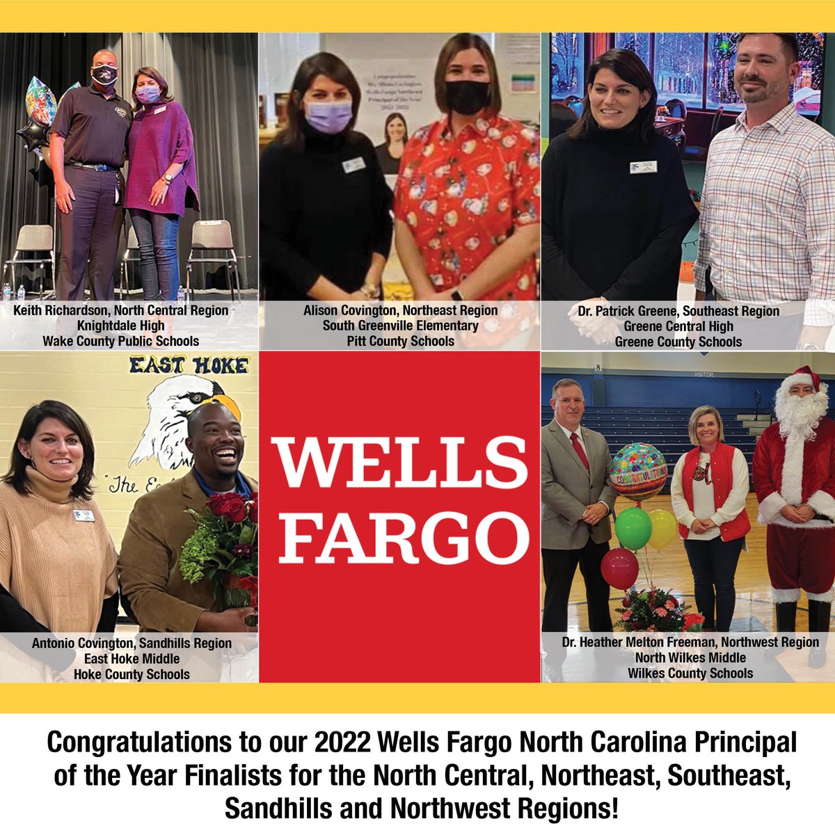 Five principals received early holiday gifts with surprise announcements Thurs. &amp; Fri. that they were selected as 2022 <a href="/WellsFargo/">Wells Fargo</a> NCPOY regional finalists. Announcements start again in New Year so stay tuned!  
<a href="/WCPSS/">Wake County Public School System</a> <a href="/PCS_NC/">Pitt County Schools</a> <a href="/GreeneCoSchools/">Greene County Schools</a> <a href="/HokeCoSchools/">Hoke County Schools</a> <a href="/WilkesCoSchools/">Wilkes County Schools</a>