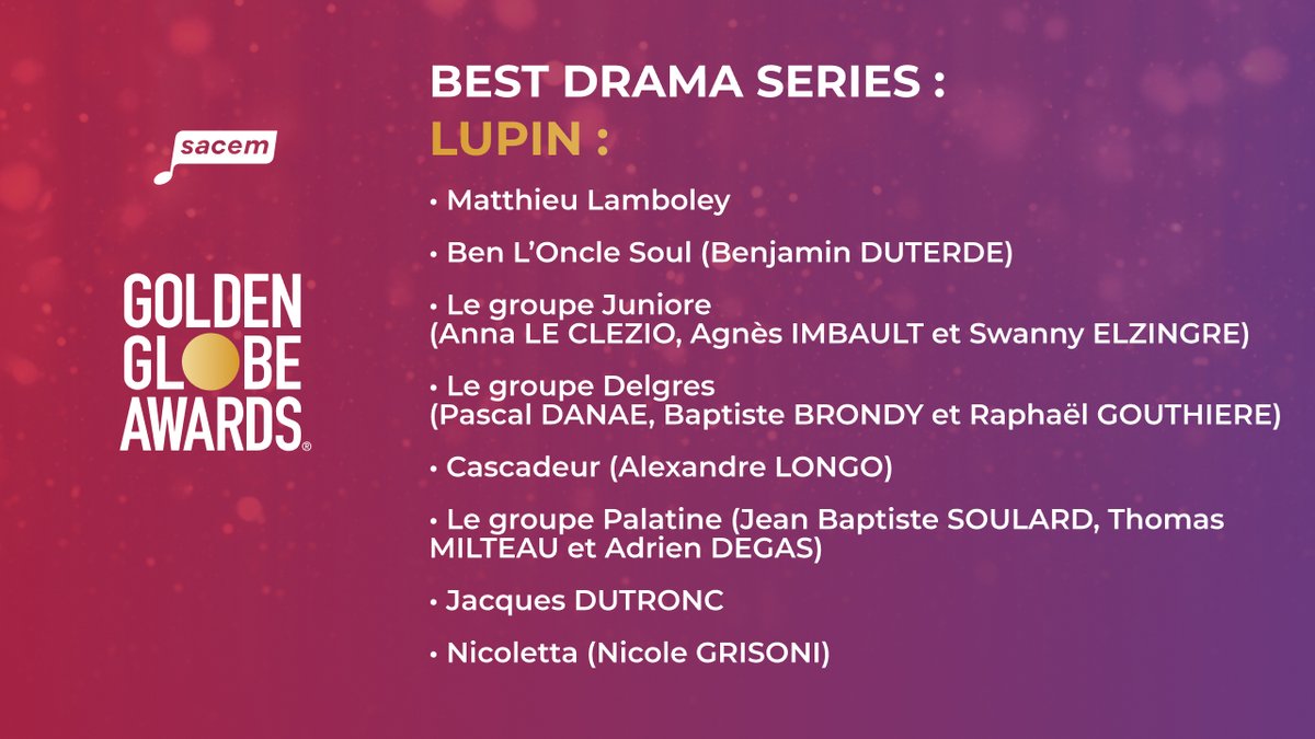 sacem's tweet photo. Sacem' members nominated or contributing to nominations for the @goldenglobes👏
@BenOncleSoul #MathieuLamboley @heyjuniore @DelgresBand @cascadeursound #Palatine @jacques_dutronc #Nicoletta #BenjaminClémentine #AlexandreDesplat @yanntiersen @Imperatrice__ #Voilaaa #SachaGalperine https://t.co/prkcGgjNrI