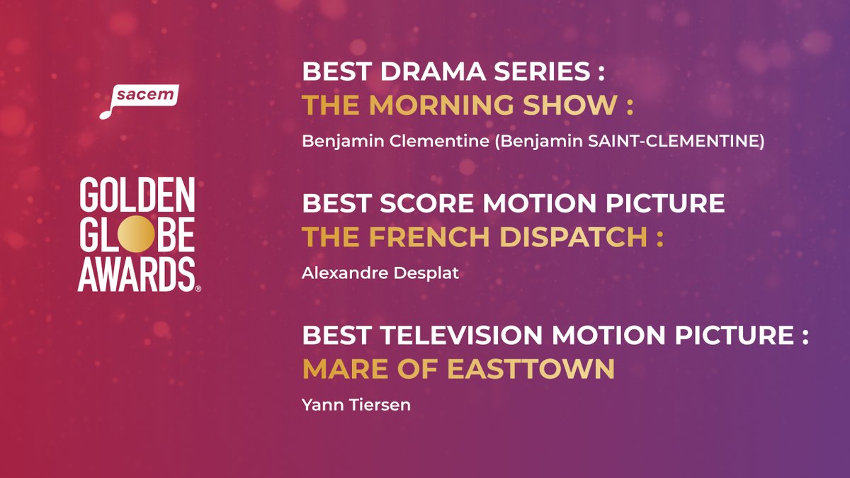 sacem's tweet photo. Sacem' members nominated or contributing to nominations for the @goldenglobes👏
@BenOncleSoul #MathieuLamboley @heyjuniore @DelgresBand @cascadeursound #Palatine @jacques_dutronc #Nicoletta #BenjaminClémentine #AlexandreDesplat @yanntiersen @Imperatrice__ #Voilaaa #SachaGalperine https://t.co/prkcGgjNrI