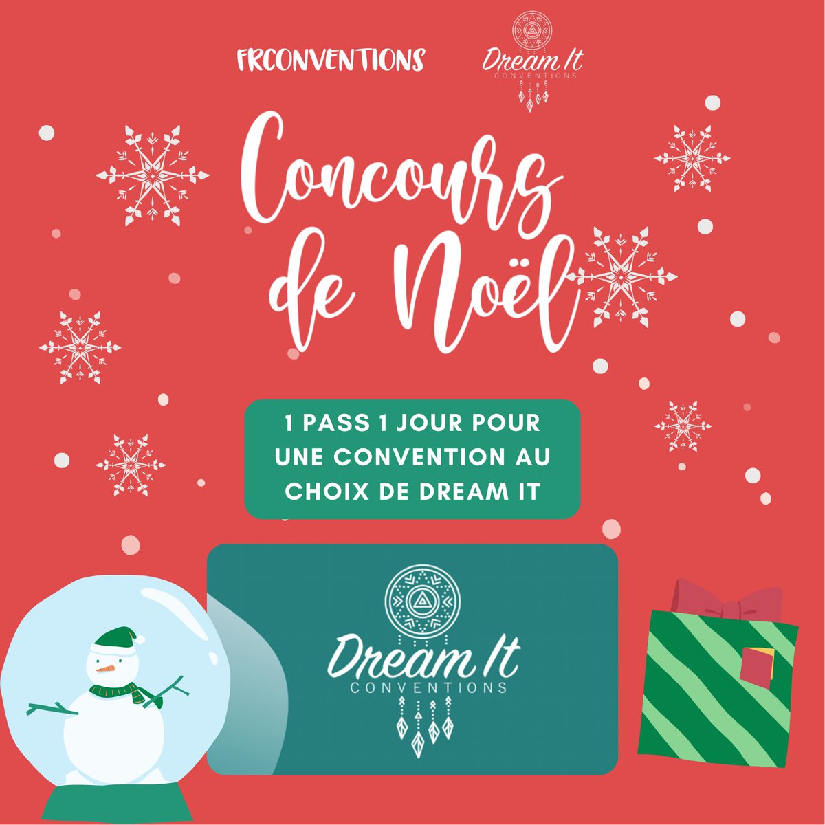 [CONCOURS NOËL🎄]
Remportez un pass un jour pour une convention au choix de Dream It Con ! Pour cela : 
- RT ce tweet
- Follow <a href="/DreamitCon/">Dream It Conventions</a> + <a href="/FrConventions/">Conventions France</a>
- Follow notre chaîne Youtube : youtube.com/c/FrConventions 

TAS : le 02/01