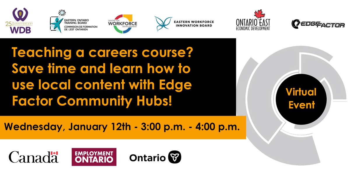 WorkforceDB's tweet photo. Join Eastern Ontario Workforce Planning Boards on Jan. 12th for a webinar to learn how to host a career session using your local Edge Factor Community Hubs! Featuring Elvis Ezeilo from @WorkforceDB and @LarissaHofman from @edgefactor_ca. 
Register here: https://t.co/kESQ3k0PKe https://t.co/VQLZj2laWg