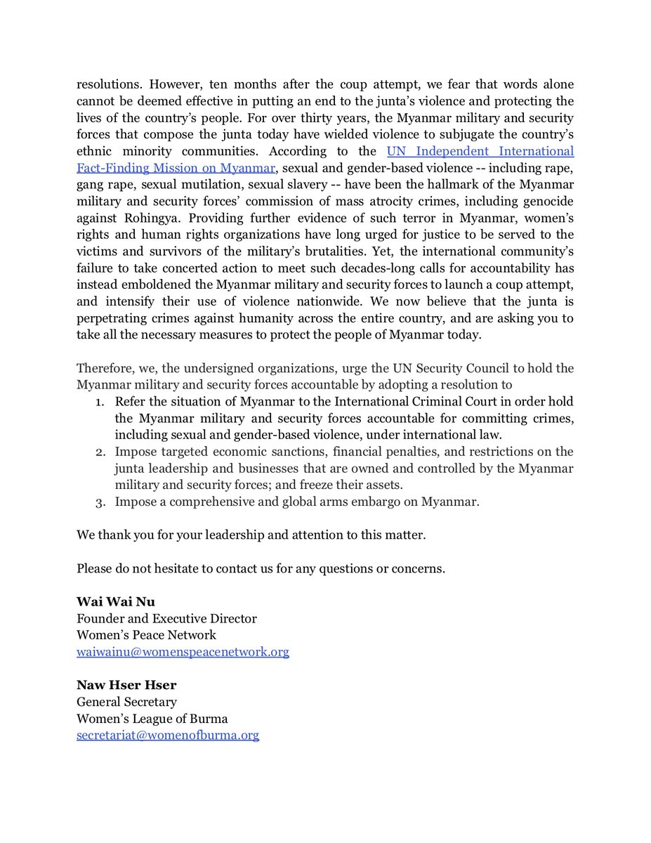 WomensPeaceNW's tweet photo. 🗣️Joint letter: 618 #Myanmar and int'l women's rights and human rights organizations urge the @UN Security Council to hold the Myanmar military and security forces accountable for their grave human rights violations, including violence against women

#WhatsHappeningInMyanmar https://t.co/ma9z9gliKU
