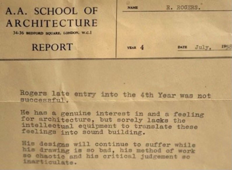 kate_griggs's tweet photo. When you’re #MadeByDyslexia you’ll have lots of terrible school/college reports. But this for Lord Richard Rogers, one of the worlds best architects🤣 “He has a genuine feeling for architecture but sorely lacks the intellectual equipment to translate these feelings into building” https://t.co/09v5VgG15J