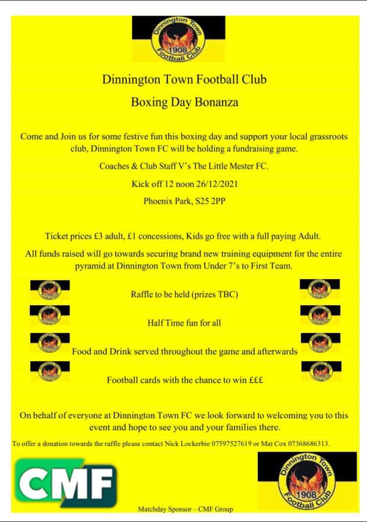 MesterFC's tweet photo. Now that the league season is over for the year we’re now looking forward to The Boxing Day Bonanza against @DinnoTownFC coaches &amp; staff, a Dinnington Town fundraising day
12pm kick off. 
Food and drink throughout.
Half time fun &amp; raffle prizes. https://t.co/YnZA96KOz3