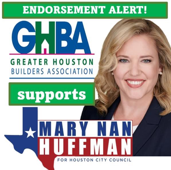 I'm so honored to receive the endorsement from the @houstonbuilders (GHBA)!  Thank you!! 
#HuffmanforHouston #vote #Houston #CityCouncil #SpecialElection #DistrictG 
Early voting starts January 10th!