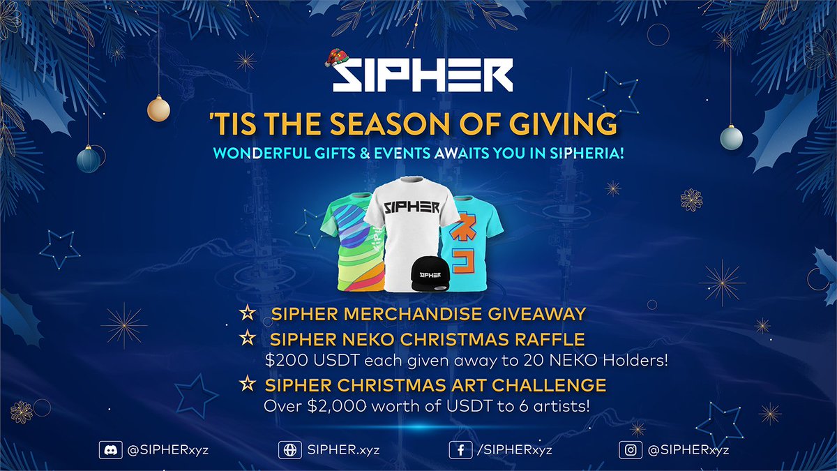 playSIPHER's tweet photo. The holiday spirit is in the air in Sipheria &amp; to celebrate, we have special gifts &amp; events for you! 🎁

Details here: https://t.co/NEvkreQpNZ

Thank you for all the support you've given us. We're excited to keep building &amp; growing with everyone.

Happy Holidays! ☃️

1/4🧵 https://t.co/0bOudNbg2N