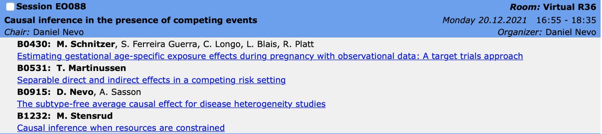 If you are registered, come at 16:55 (UK time) to our virtual session at <a href="/CFECMStatistics/">CFE-CMStatistics</a> "Causal inference in the presence of competing events"

Speakers: <a href="/mirschnitzer/">Mireille Schnitzer</a> @mats_julius Torben Martinussen, and me.
