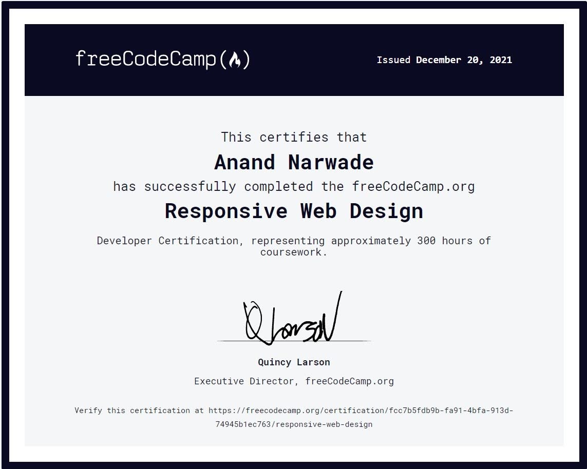 AnandNarwade's tweet photo. I just earned the Responsive Web Design certification
@freeCodeCamp
#freeCodeCampCertificate
#responsivewebdesing
#100DaysOfCode https://t.co/DIxmLJ8JGi