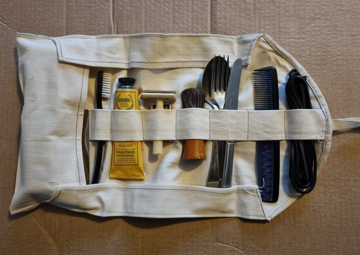 marksimner's tweet image. British Army holdall (today more commonly referred to as a wash roll) broadly representative of items typically carried late in the Second World War. Most items are original from the period, the toothpaste, shaving stick, and soap being reproductions. #WW2 #SmallKit