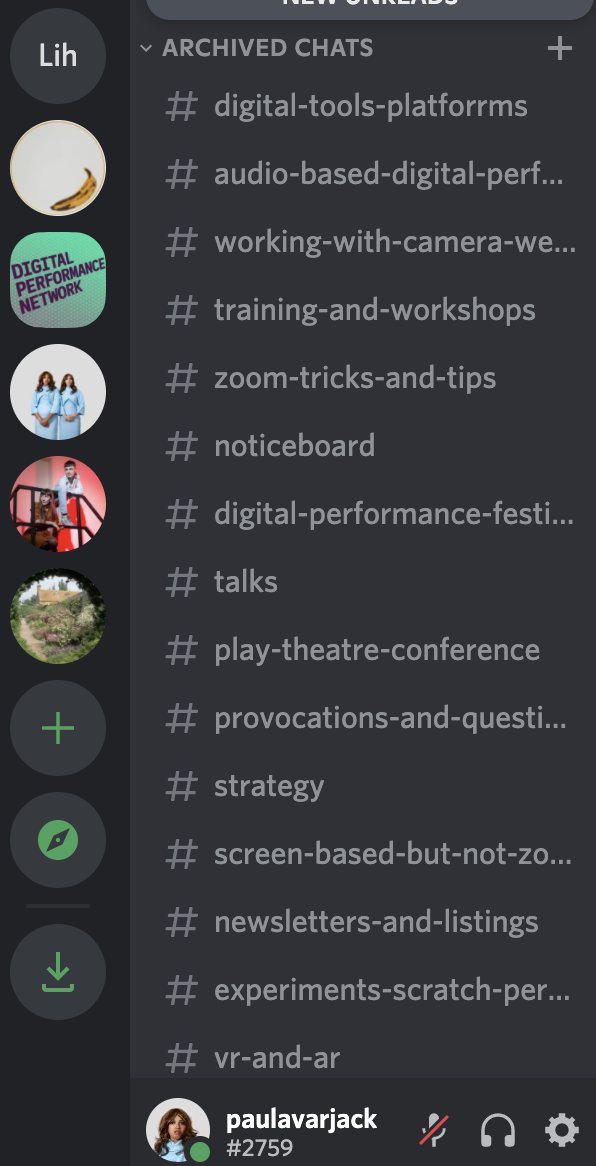 paulavarjack's tweet photo. One more thing to add on this. There's also quite a lot of resources archives on the #DigitalPerformanceNetwork server as well. A teaser of which can be seen in this screenshot https://t.co/EdvePg4rmk