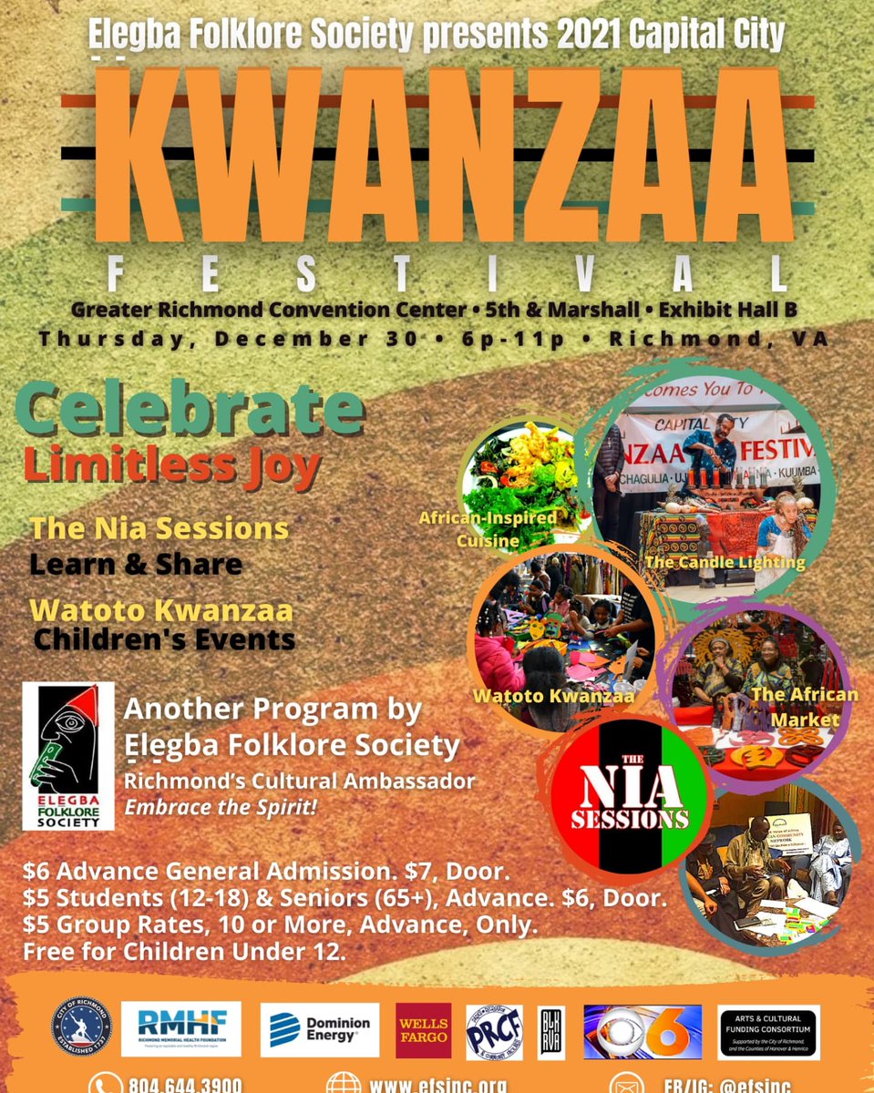 2021 CAPITAL CITY KWANZAA FESTIVAL • DECEMBER 30 • GREATER RICHMOND CONVENTION CENTER

Ticket link:  efsinc.ticketleap.com/2021-capital-c…