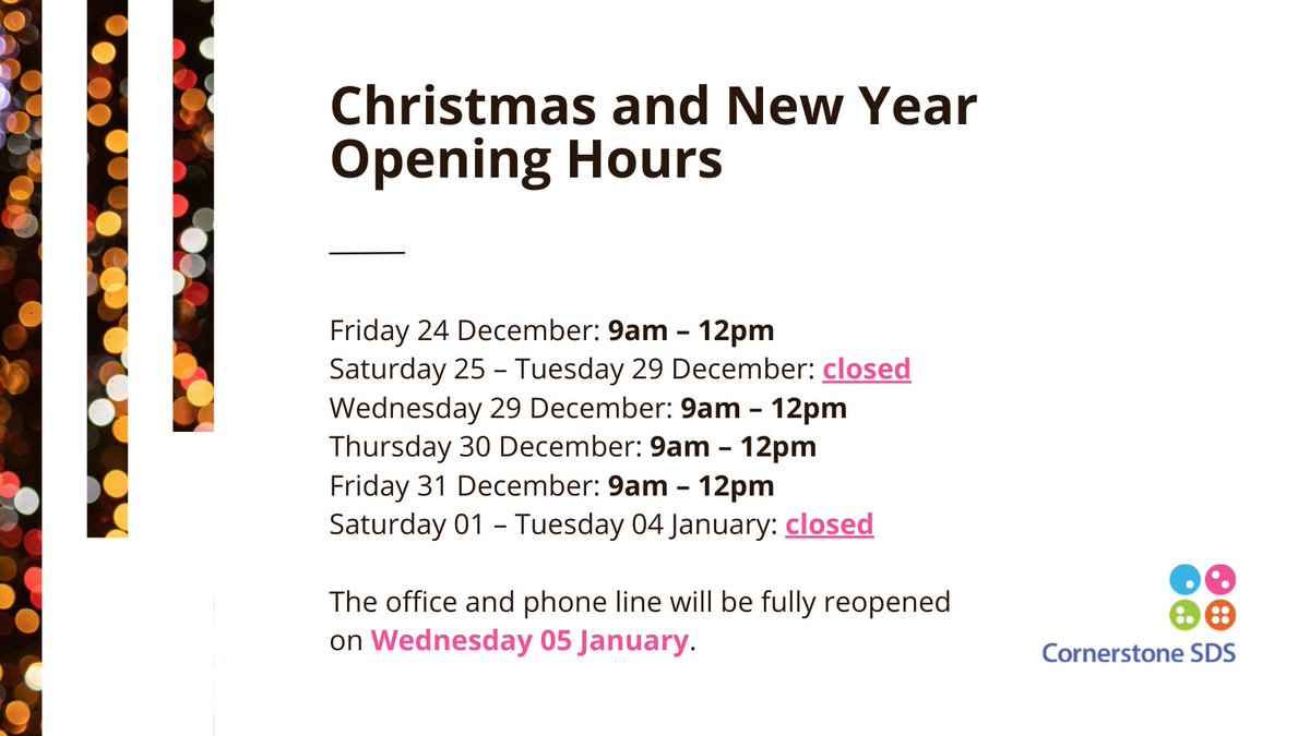 CornerstoneSDS's tweet photo. Our office and phone line will be partly closed for the festive period. See below for dates, and get in touch on 01467 530520 if you've got any questions or concerns. https://t.co/N6Ra87pq3c
