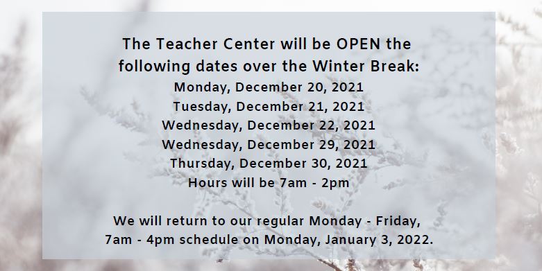 RCSTNTC's tweet photo. The Teacher Center will be open over the Winter Break - see post and updated hours! https://t.co/Fb1Ue2gXIM