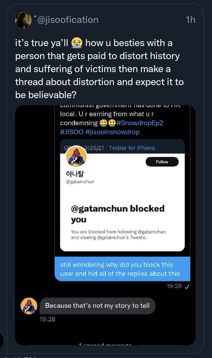 snowdropkjs's tweet photo. -paid to "write" articles that aren't even fact checked
-hates j3nnie
-pretends to be a feminist
-connection with an actual history distorter 
-obsessed with bp's business

count your days b!tch we got you on tape user @/gatamchun https://t.co/Pmwpw3LAsI