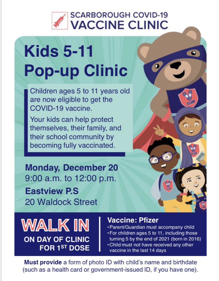 Happening now: Vaccine clinic-1st doses for ages 5-11 available until 12pm ⁦<a href="/LC3_TDSB/">TDSB LC3</a>⁩ ⁦<a href="/tdsb/">Toronto District School Board</a>⁩