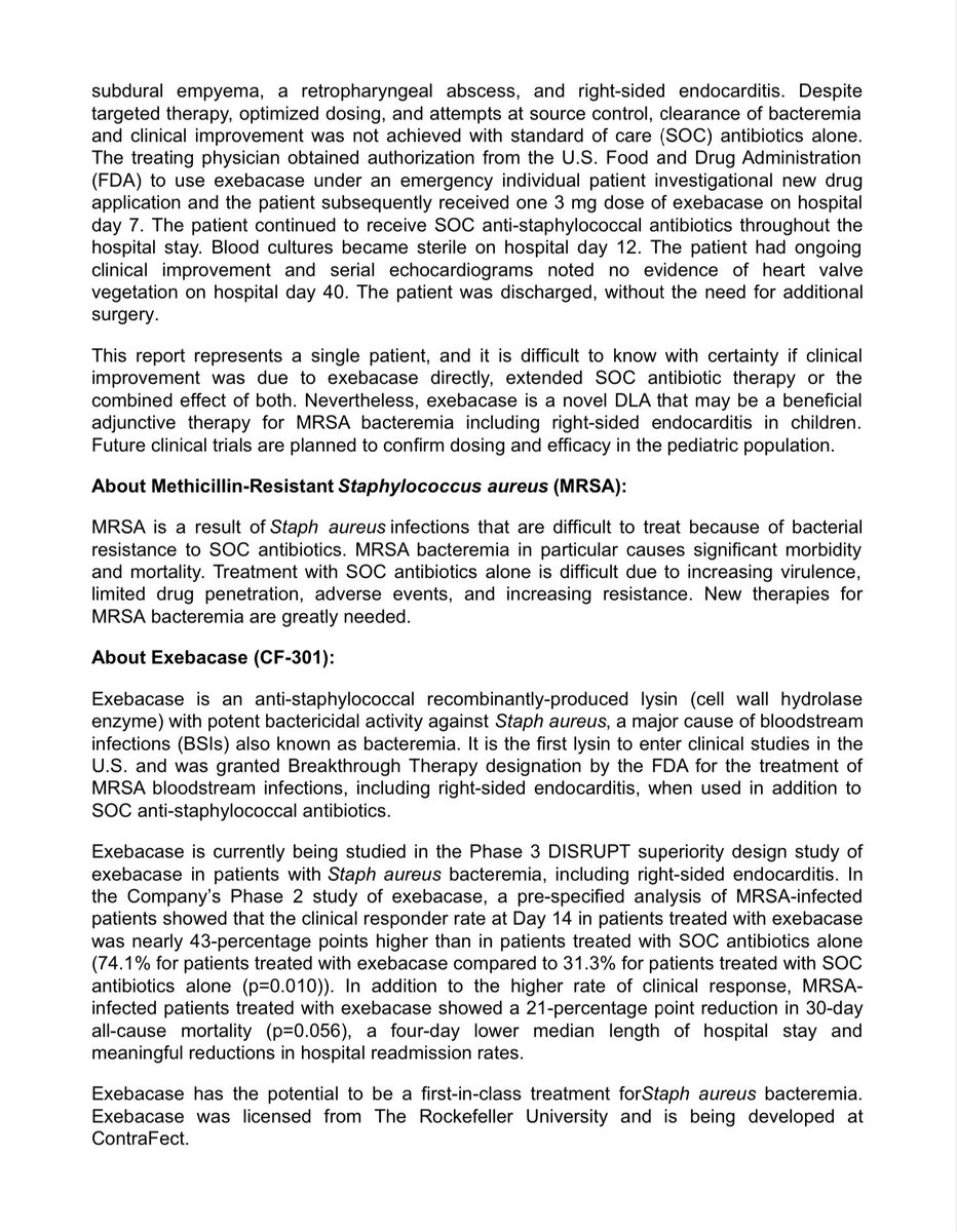 floszcrxl's tweet photo. Compassionate Use Case Study Demonstrating the Potential of Investigational Direct Lytic Agent #Exebacase to Treat #MRSA Bacteremia in Pediatric Populations Published in Clinical Infectious Diseases https://t.co/ZL0bwMbHvq $CFRX https://t.co/1AVoDlDLJK