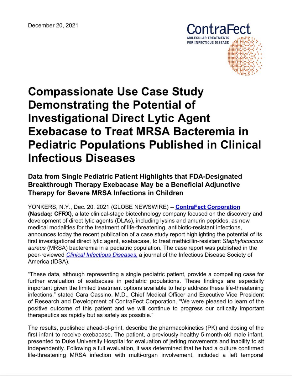 floszcrxl's tweet photo. Compassionate Use Case Study Demonstrating the Potential of Investigational Direct Lytic Agent #Exebacase to Treat #MRSA Bacteremia in Pediatric Populations Published in Clinical Infectious Diseases https://t.co/ZL0bwMbHvq $CFRX https://t.co/1AVoDlDLJK