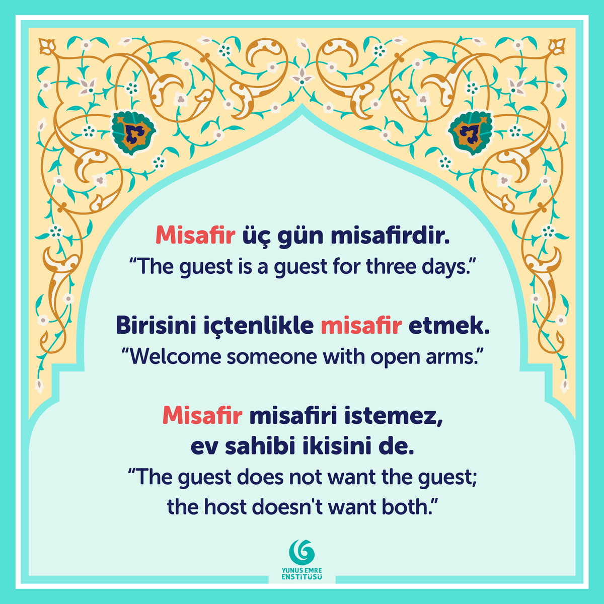 yeeamerika's tweet photo. 🇹🇷 ❝Misafir kısmetiyle gelir❞

🇺🇸 ❝Guests come with luck❞

#MerhabaMonday #TurkishIdioms 
#NewLanguage #TurkishCulture https://t.co/cclFJfWSMK