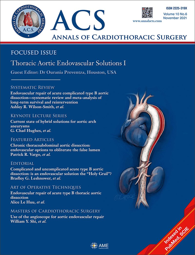 The latest Annals of Cardiothoracic Surgery special issue 'Thoracic Aortic Endovascular Solutions, Part I' edited by @OPreventzaMD is online now! Ann Cardiothorac Surg Vol 10, No 6 (Nov 2021): Guest Editor: Ourania Preventza annalscts.com/issue/view/639