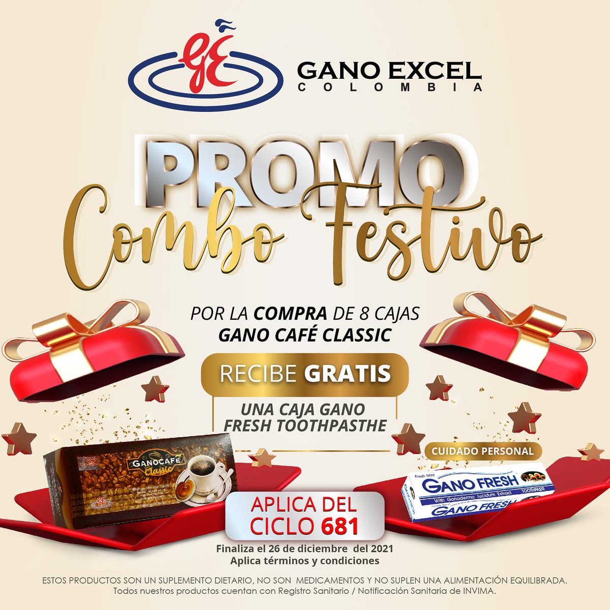 Promo combo festivo 🎄
Por la compra de 8 cajas de ganó café Classic recibe GRATIS una caja de gano fresh toothpasthe.

Aplica desde el ciclo 681 (20 al 26 de diciembre de 2021)
Aprovecha esta gran promoción ❤️💎

.
#ganoworld #ganoexceloficial #GanoExcelHQInternational